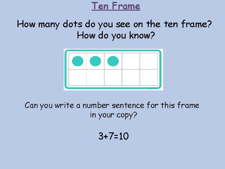 Ten Frame How many dots do you see on the ten frame? How do