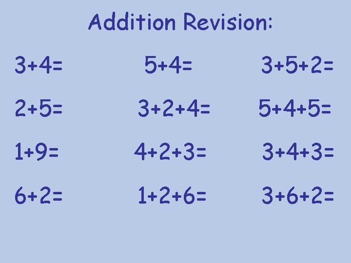 Addition Revision: 3+4= 5+4= 3+5+2= 2+5= 3+2+4= 5+4+5= 1+9= 4+2+3= 3+4+3= 6+2= 1+2+6= 3+6+2=