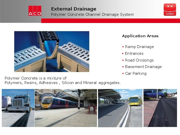 External Drainage Polymer Concrete Channel Drainage System Application Areas Ramp Drainage Entrances Road Crossings