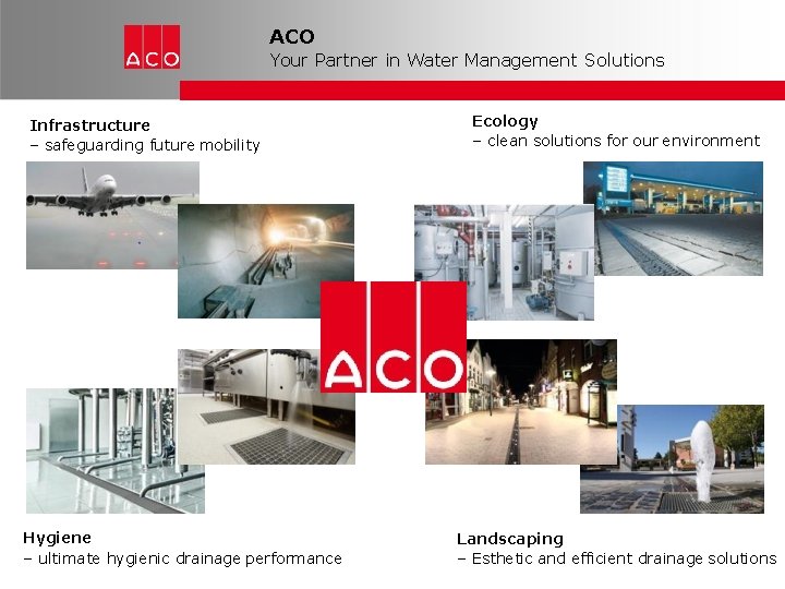 ACO Your Partner in Water Management Solutions Infrastructure – safeguarding future mobility Hygiene –