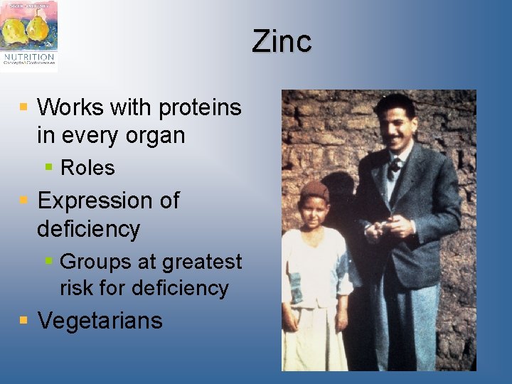 Zinc § Works with proteins in every organ § Roles § Expression of deficiency