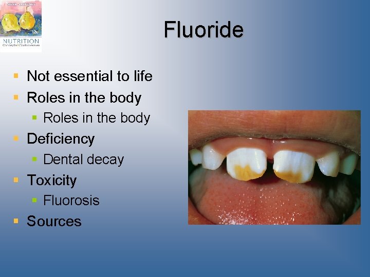 Fluoride § Not essential to life § Roles in the body § Deficiency §