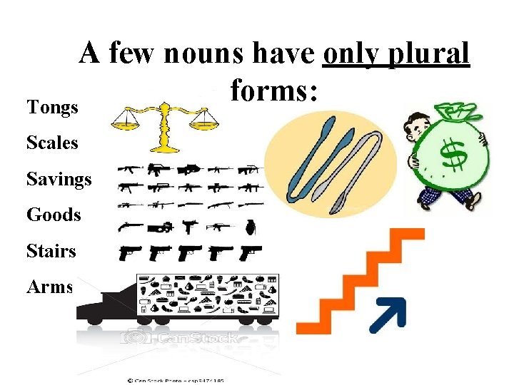 A few nouns have only plural forms: Tongs Scales Savings Goods Stairs Arms 