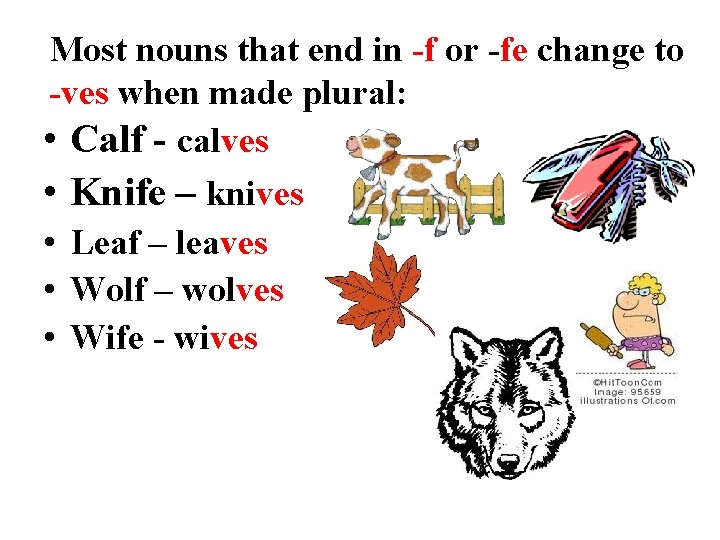 Most nouns that end in -f or -fe change to -ves when made plural: