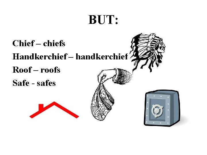 BUT: Chief – chiefs Handkerchief – handkerchiefs Roof – roofs Safe - safes 