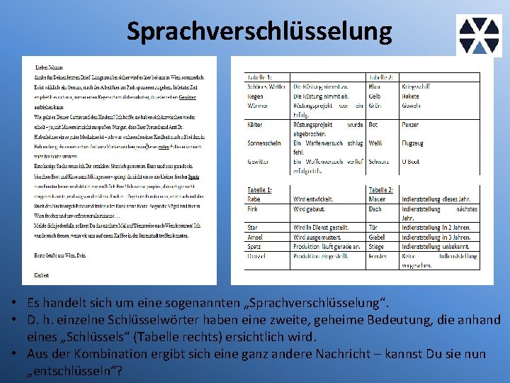 Sprachverschlüsselung • Es handelt sich um eine sogenannten „Sprachverschlüsselung“. • D. h. einzelne Schlüsselwörter