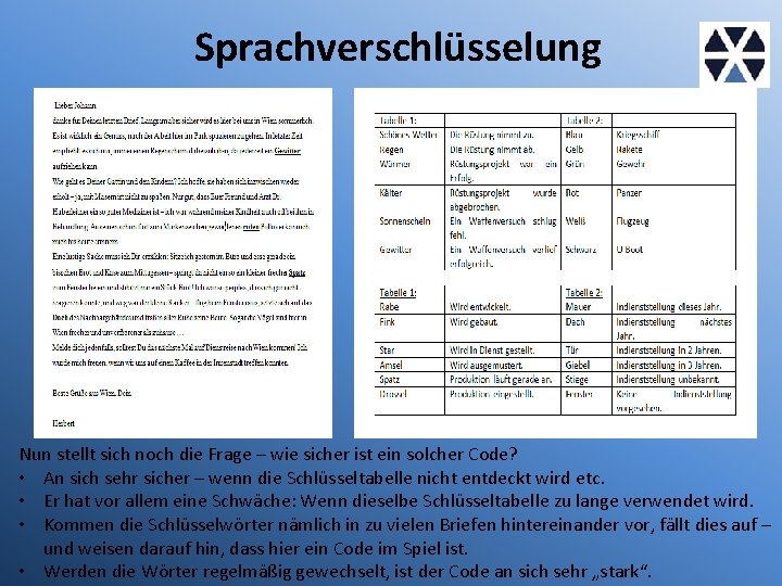 Sprachverschlüsselung Nun stellt sich noch die Frage – wie sicher ist ein solcher Code?