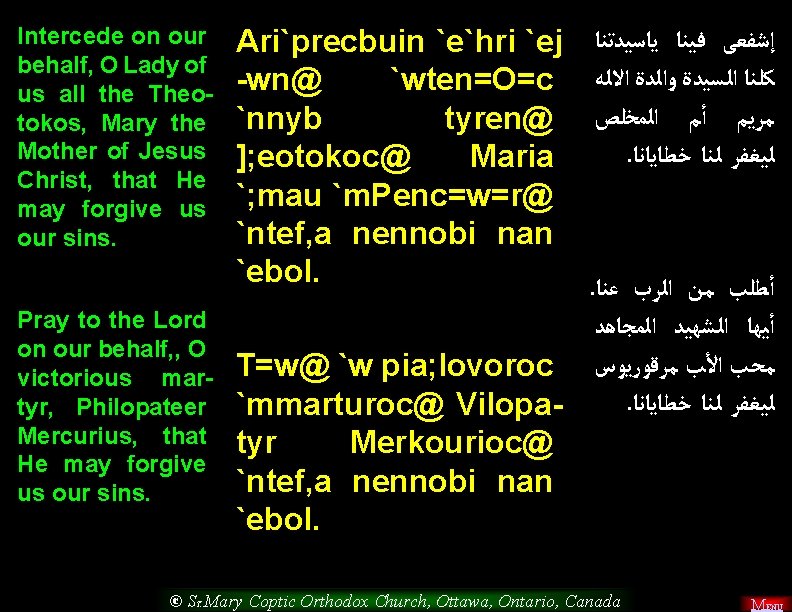 Intercede on our behalf, O Lady of us all the Theotokos, Mary the Mother