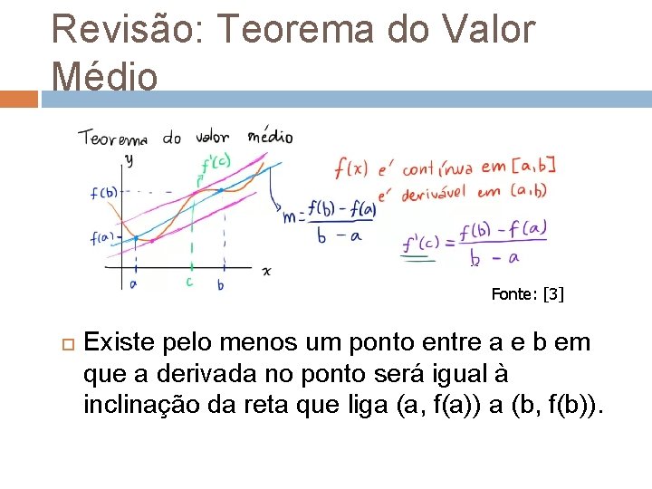 Revisão: Teorema do Valor Médio Fonte: [3] Existe pelo menos um ponto entre a