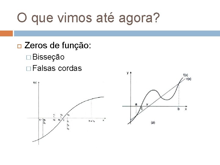 O que vimos até agora? Zeros de função: � Bisseção � Falsas cordas 