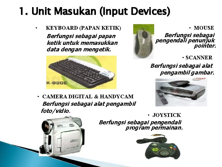 1. Unit Masukan (Input Devices) • KEYBOARD (PAPAN KETIK) Berfungsi sebagai papan ketik untuk