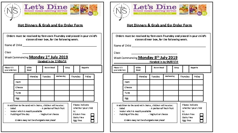 Hot Dinners Grab and Go Order Form Orders