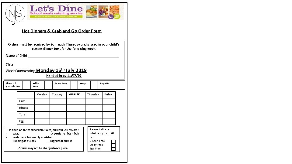 Hot Dinners Grab and Go Order Form Orders