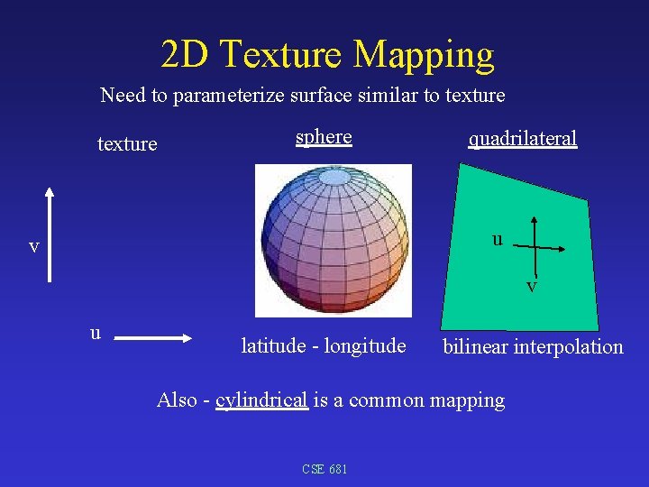 2 D Texture Mapping Need to parameterize surface similar to texture sphere quadrilateral u