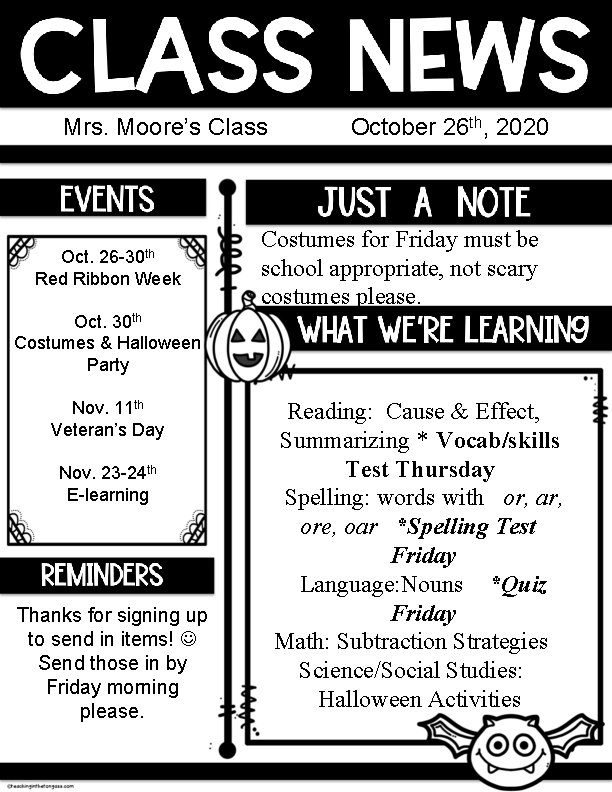 Mrs. Moore’s Class 26 -30 th Oct. Red Ribbon Week October 26 th, 2020