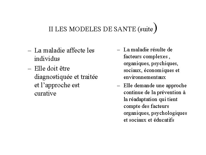 II LES MODELES DE SANTE (suite – La maladie affecte les individus – Elle