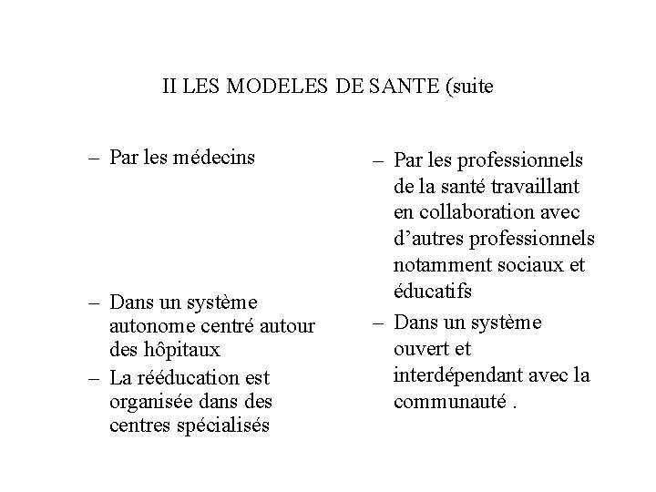 II LES MODELES DE SANTE (suite – Par les médecins – Dans un système