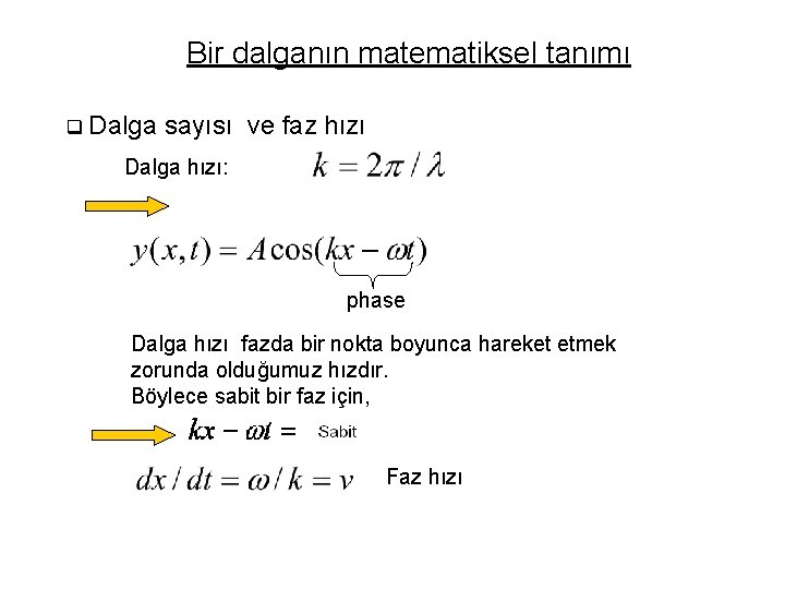 Bir dalganın matematiksel tanımı q Dalga sayısı ve faz hızı Dalga hızı: phase Dalga