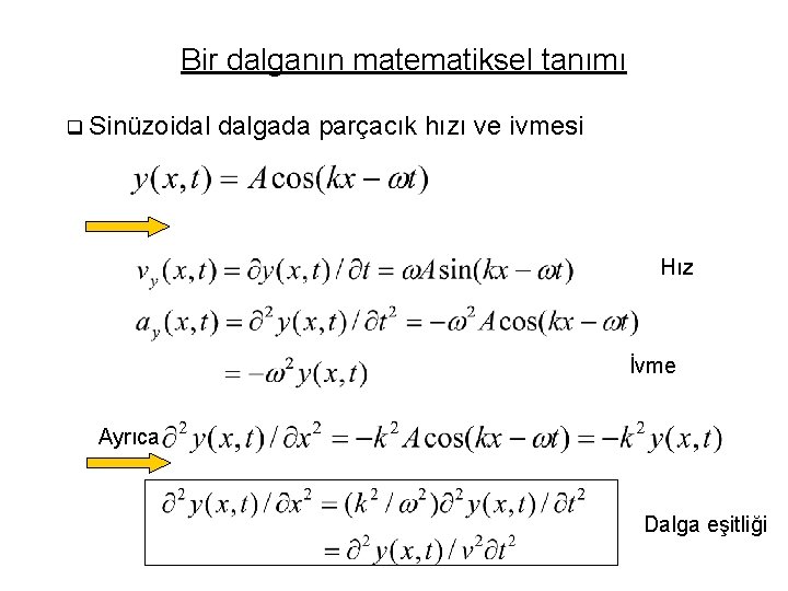 Bir dalganın matematiksel tanımı q Sinüzoidal dalgada parçacık hızı ve ivmesi Hız İvme Ayrıca