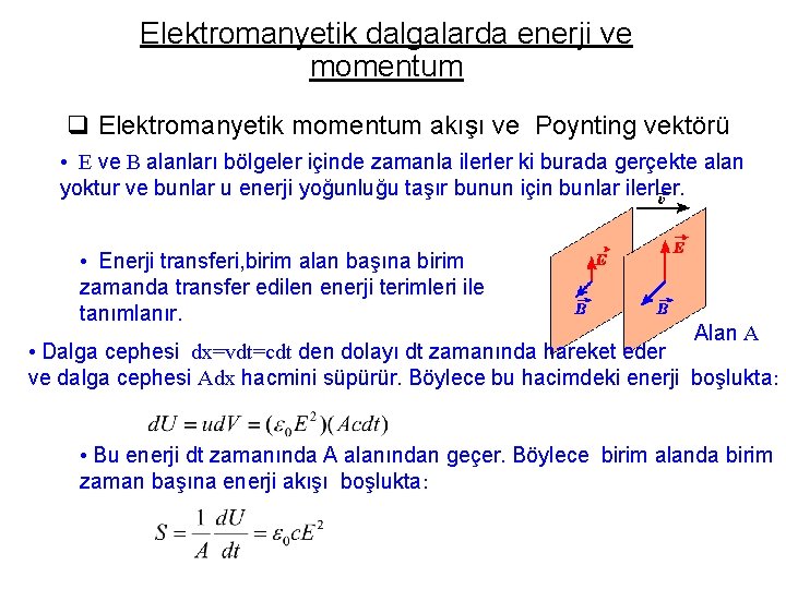 Elektromanyetik dalgalarda enerji ve momentum q Elektromanyetik momentum akışı ve Poynting vektörü • E