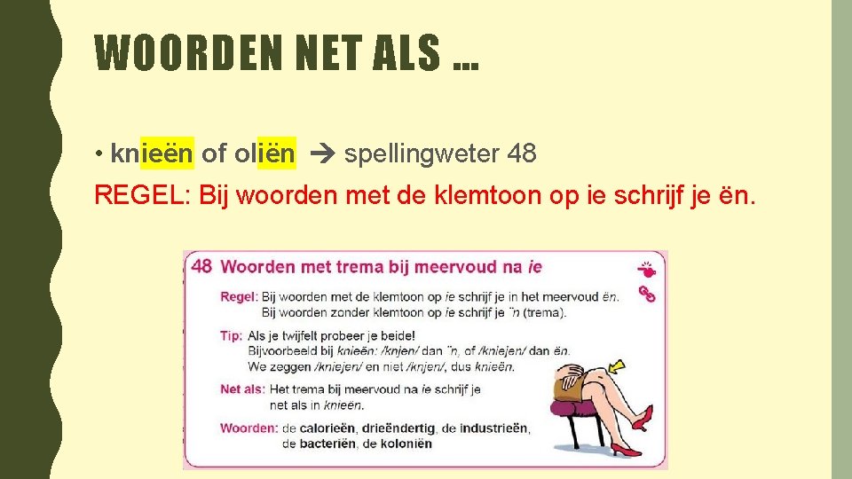 WOORDEN NET ALS … • knieën of oliën spellingweter 48 REGEL: Bij woorden met