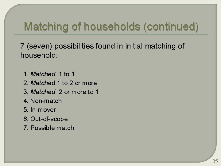 Matching of households (continued) 7 (seven) possibilities found in initial matching of household: 1.