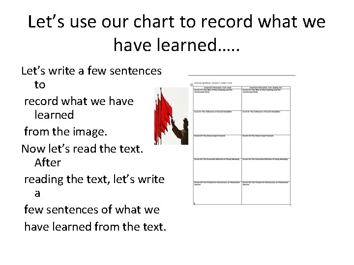 Let’s use our chart to record what we have learned…. . Let’s write a