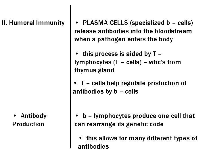 II. Humoral Immunity • PLASMA CELLS (specialized b – cells) release antibodies into the