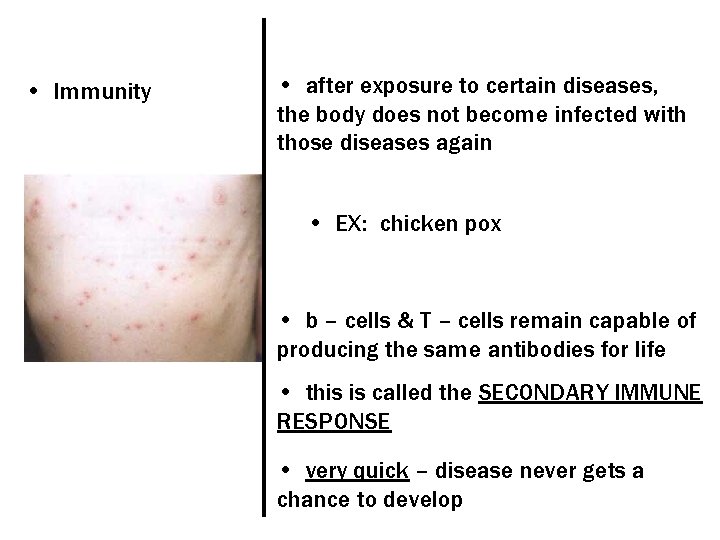  • Immunity • after exposure to certain diseases, the body does not become