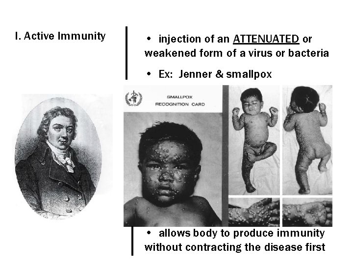 I. Active Immunity • injection of an ATTENUATED or weakened form of a virus