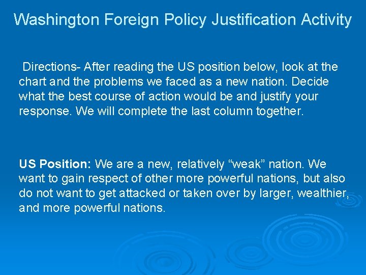 Washington Foreign Policy Justification Activity Directions- After reading the US position below, look at