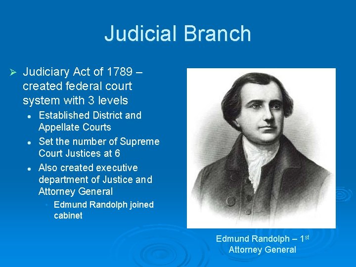 Judicial Branch Ø Judiciary Act of 1789 – created federal court system with 3