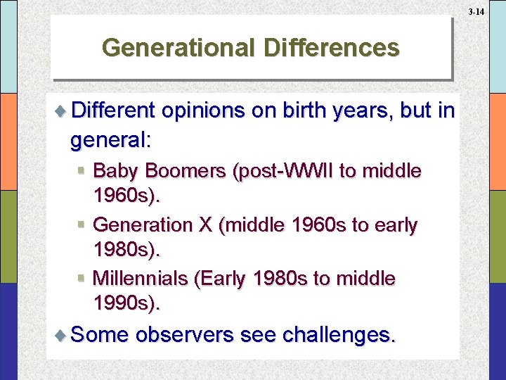 3 -14 Generational Differences ¨ Different opinions on birth years, but in general: §