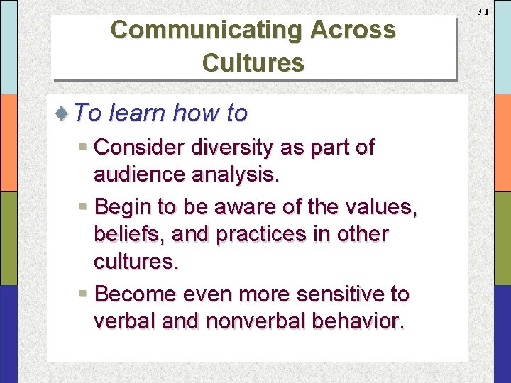 Communicating Across Cultures ¨To learn how to § Consider diversity as part of audience