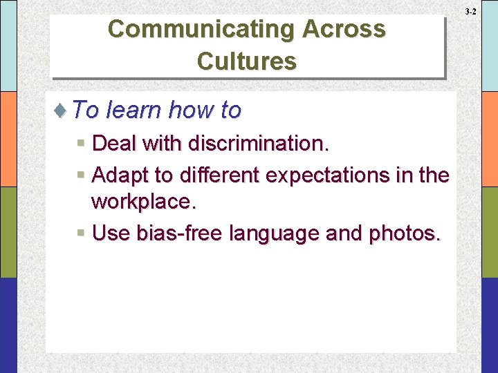 Communicating Across Cultures ¨To learn how to § Deal with discrimination. § Adapt to