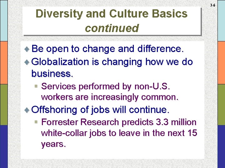 Diversity and Culture Basics continued ¨ Be open to change and difference. ¨ Globalization