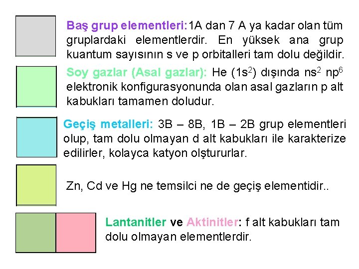 Baş grup elementleri: 1 A dan 7 A ya kadar olan tüm gruplardaki elementlerdir.