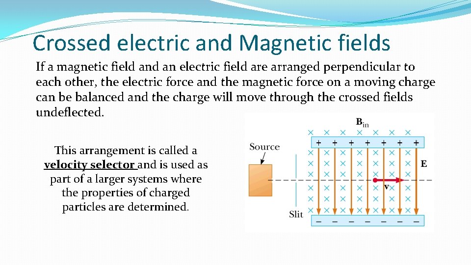 Crossed electric and Magnetic fields If a magnetic field an electric field are arranged