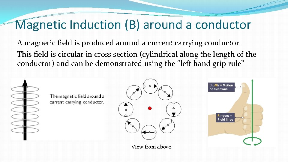 Magnetic Induction (B) around a conductor A magnetic field is produced around a current