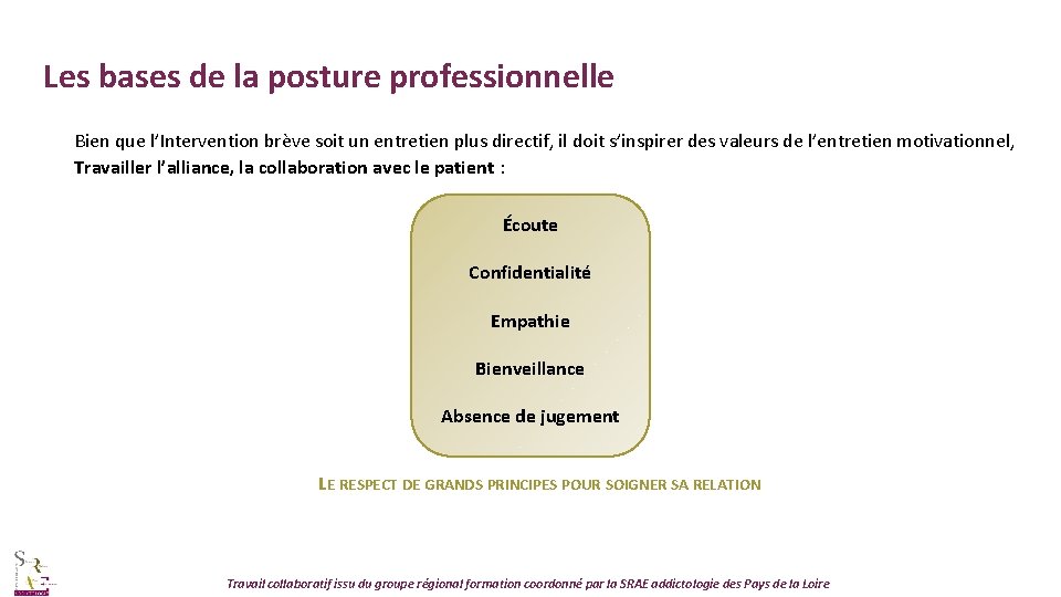 Les bases de la posture professionnelle Bien que l’Intervention brève soit un entretien plus