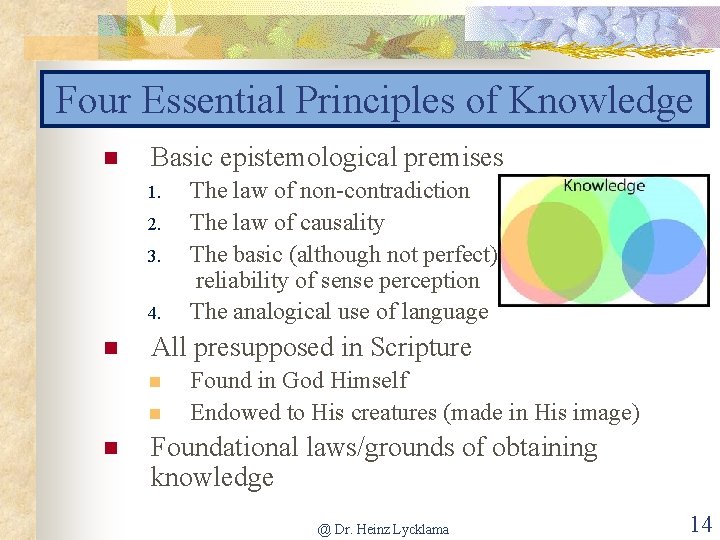 Four Essential Principles of Knowledge n Basic epistemological premises 1. 2. 3. 4. n