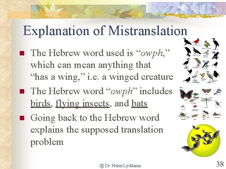 Explanation of Mistranslation n The Hebrew word used is “owph, ” which can mean