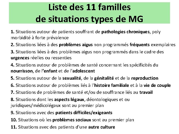 Liste des 11 familles de situations types de MG 1. Situations autour de patients