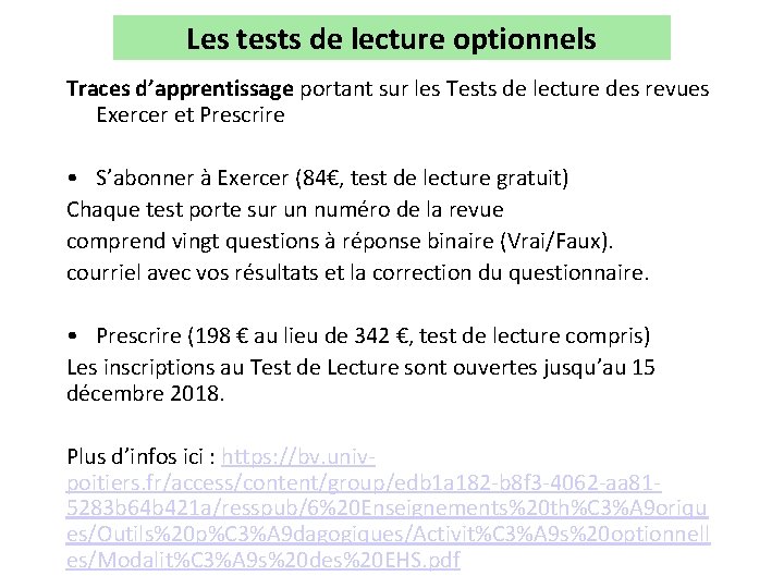 Les tests de lecture optionnels Traces d’apprentissage portant sur les Tests de lecture des