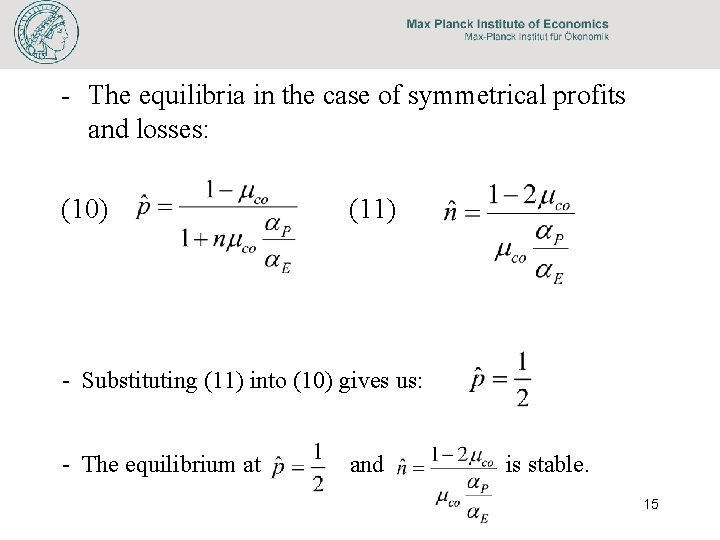 - The equilibria in the case of symmetrical profits and losses: (10) (11) -