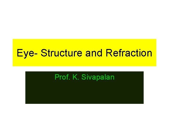 Eye- Structure and Refraction Prof. K. Sivapalan Eye- Structure and Refraction Prof. K. Sivapalan