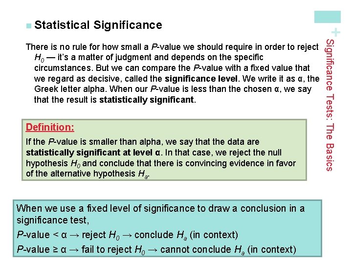 Significance Definition: If the P-value is smaller than alpha, we say that the data