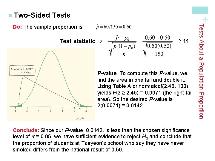 Tests + n Two-Sided P-value To compute this P-value, we find the area in