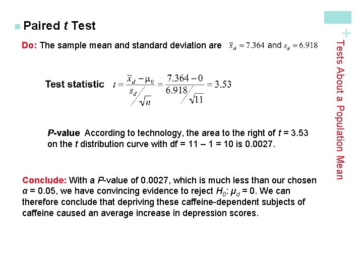 t Test P-value According to technology, the area to the right of t =