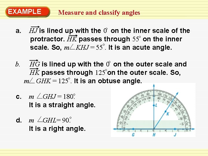 EXAMPLE a. b. c. Measure and classify angles HJ is lined up with the